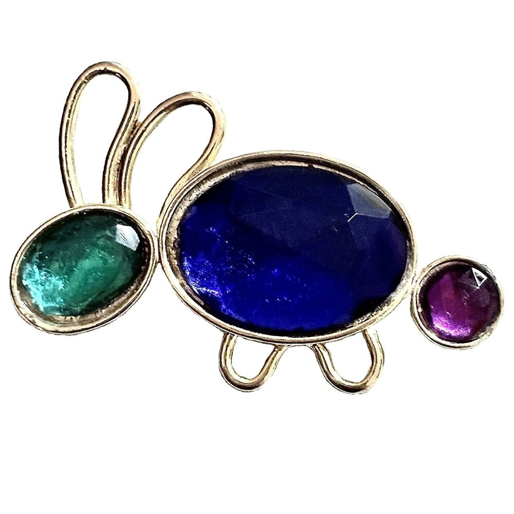 Vintage Bunny Brooch Gold Tricolor Glass Cabochon Figural Pin Blue Purple Green